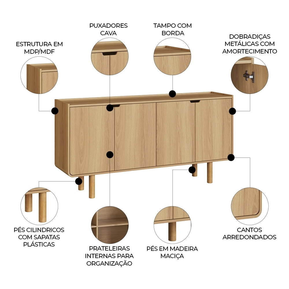 Buffet Aparador 160cm 4 Portas Pé Madeira Luara Hanover A10 - Mpozenato