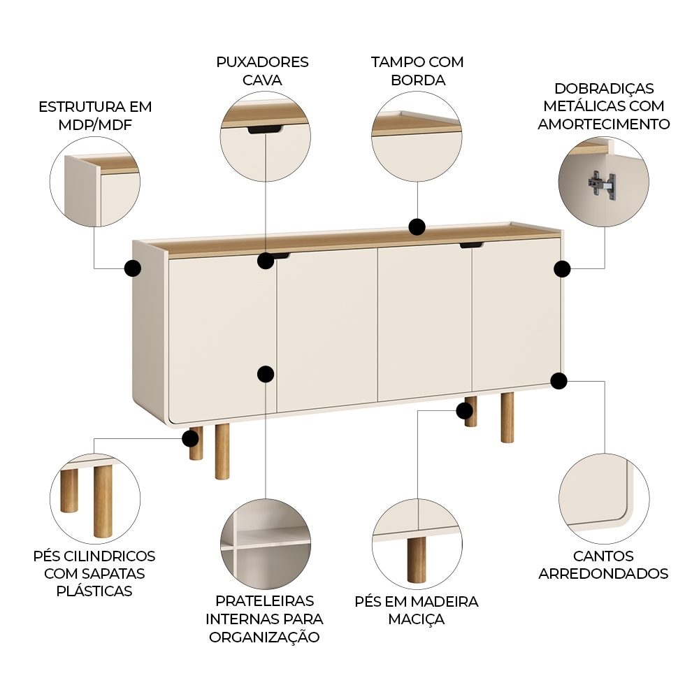 Buffet Aparador 160cm 4 Portas Pé Madeira Luara Hanover/Off White A10 - Mpozenato