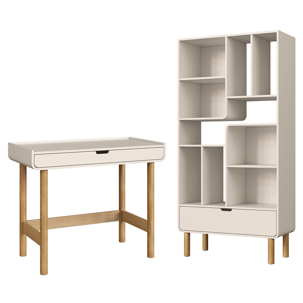 Mesa Escrivaninha e Estante Livreiro Pé Madeira Luara Off White A10 - Mpozenato