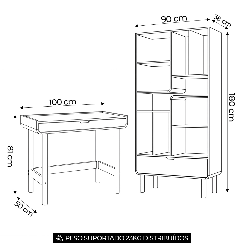 Mesa Escrivaninha e Estante Livreiro Pé Madeira Luara Off White A10 - Mpozenato