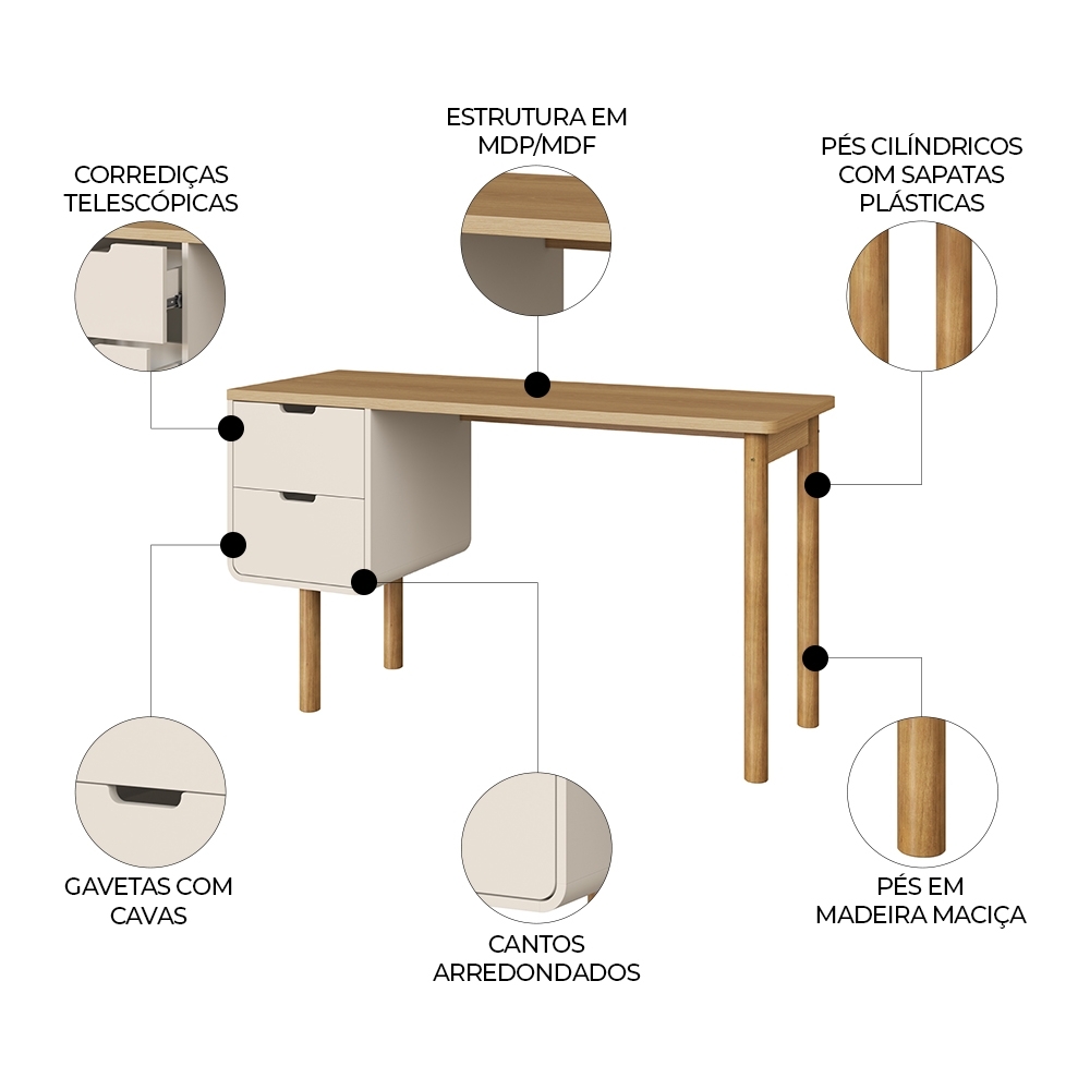 Mesa Escrivaninha 136cm 2 Gavetas Pé Madeira Luara Hanover/Off White A10 - Mpozenato