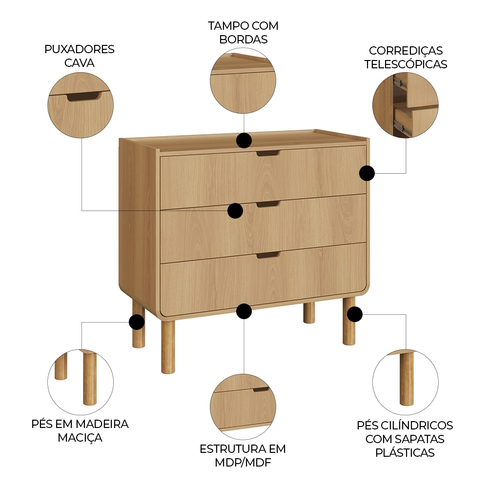 Cômoda Quarto 90cm 3 Gavetas Pé Madeira Luara Hanover A10 - Mpozenato