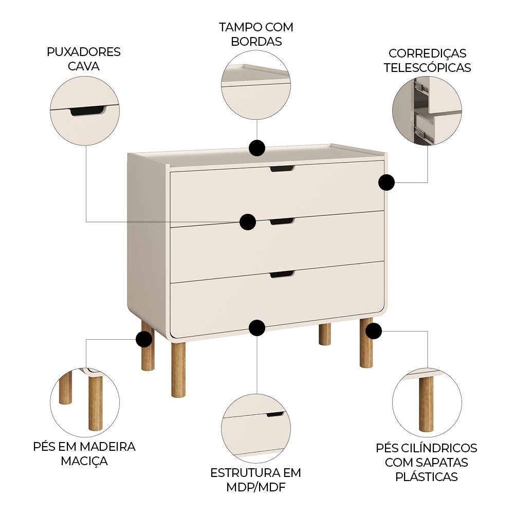 Cômoda Quarto 90cm 3 Gavetas Pé Madeira Luara Off White A10 - Mpozenato