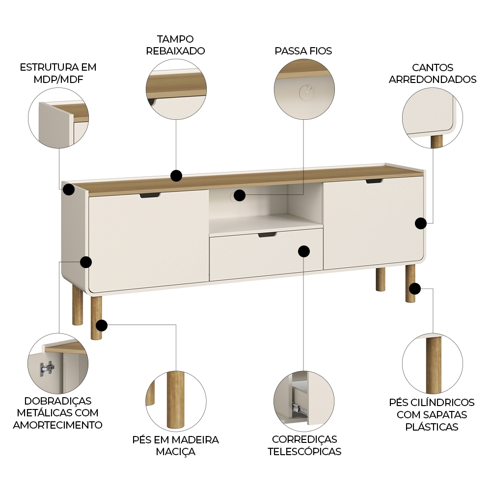 Rack TV 65 Pol 180cm 2 Portas Pé Madeira Luara Hanover/Off White A10 - Mpozenato