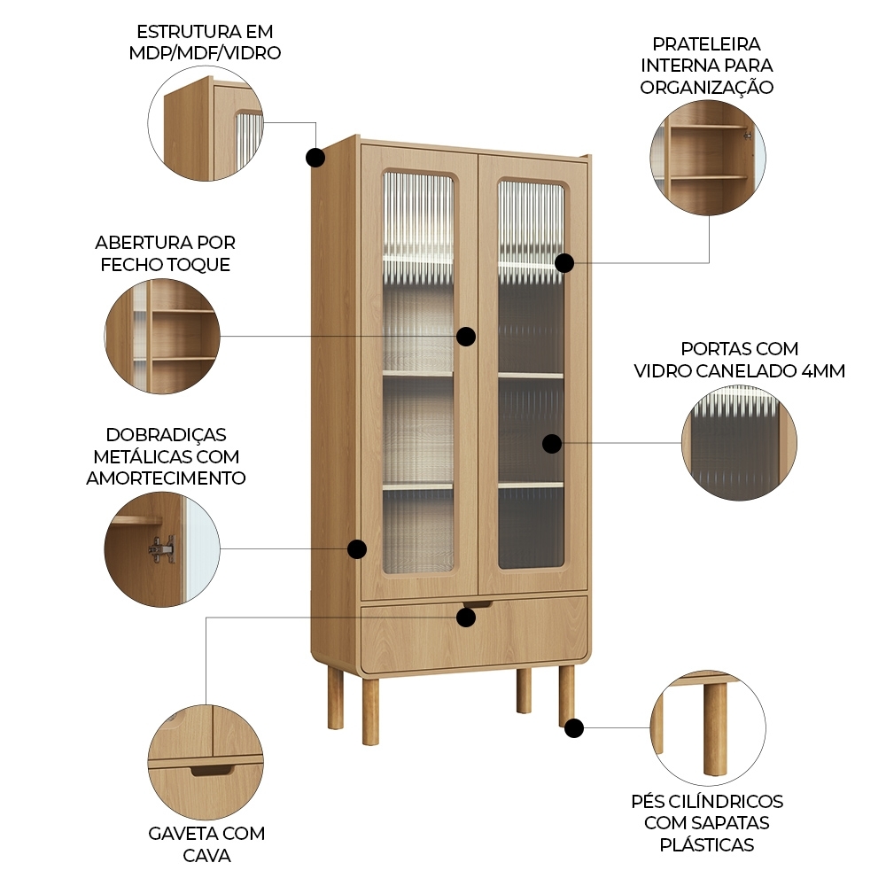 Cristaleira Porta de Vidro 80cm 2 Portas Pé Madeira Luara Hanover A10 - Mpozenato