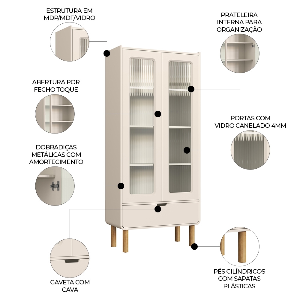 Cristaleira Porta de Vidro 80cm 2 Portas Pé Madeira Luara Off White A10 - Mpozenato