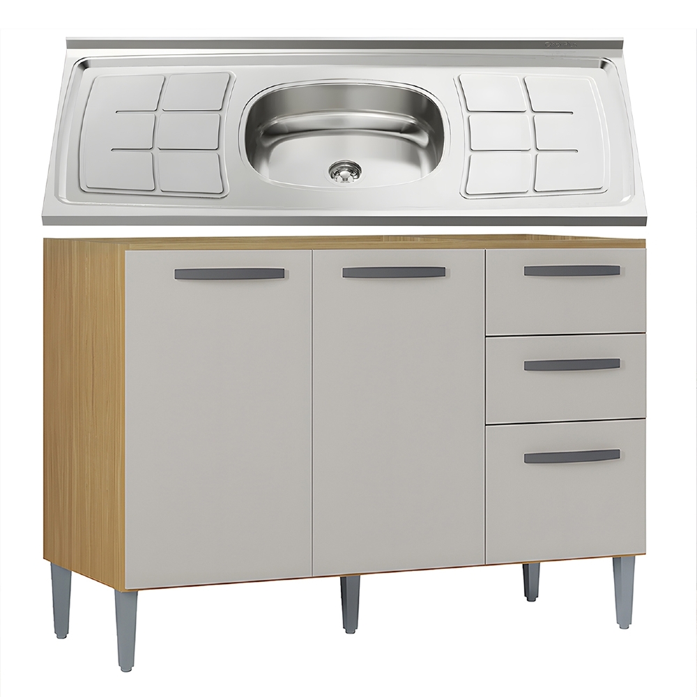 Balcão de Cozinha com Pia Inox 120cm 3 Portas 2 Gavetas Livy Z46 Damasco/Off White - Mpozenato