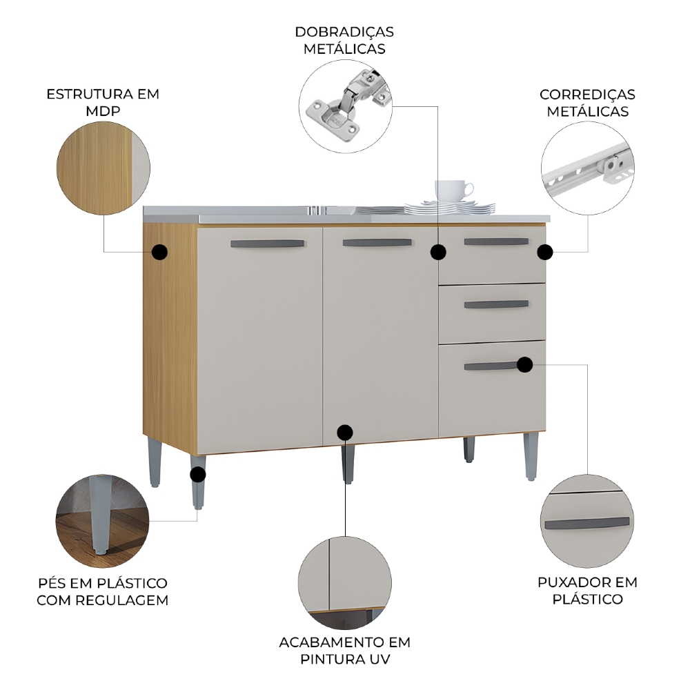 Balcão de Cozinha com Pia Inox 120cm 3 Portas 2 Gavetas Livy Z46 Damasco/Off White - Mpozenato