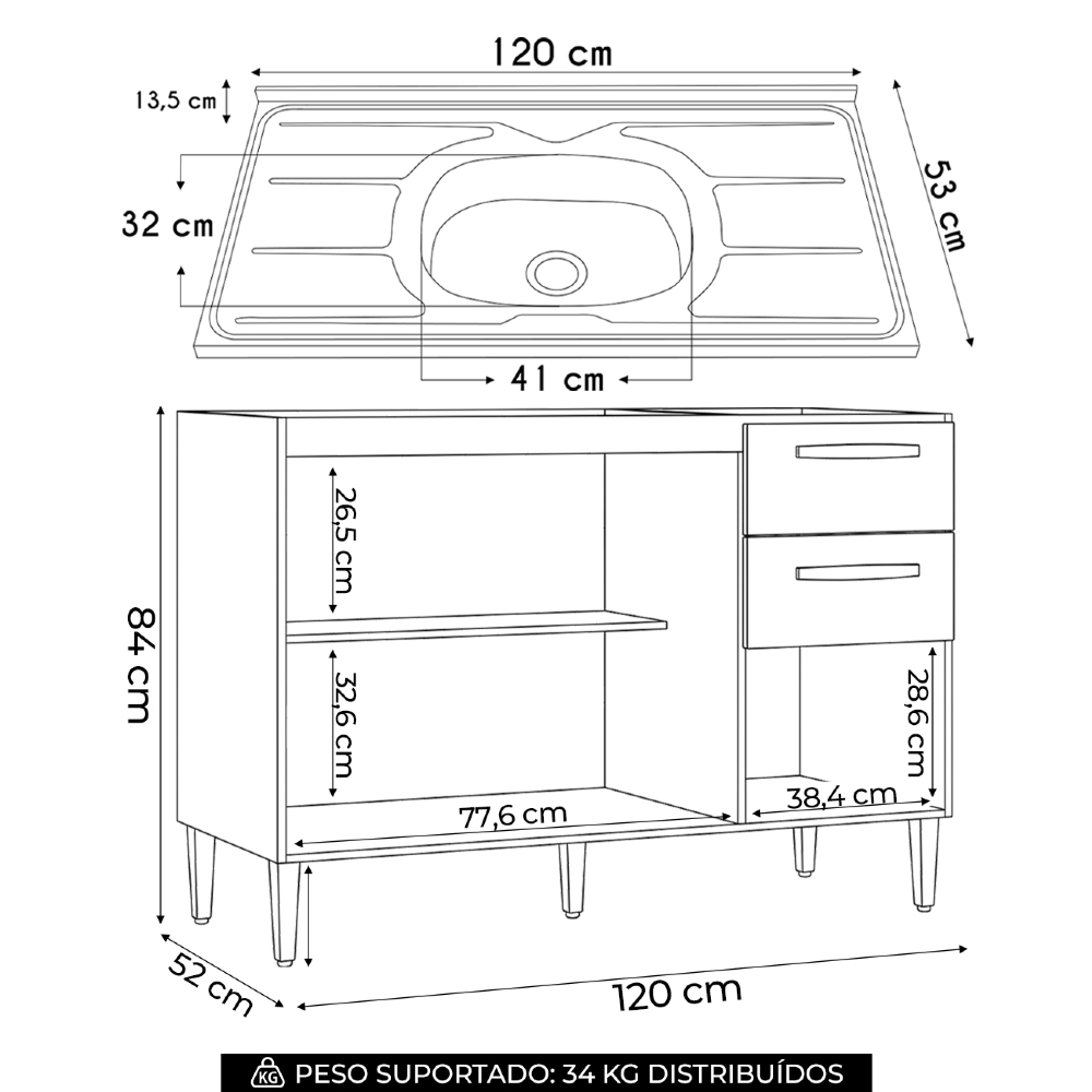 Balcão de Cozinha com Pia Inox 120cm 3 Portas 2 Gavetas Livy Z46 Damasco/Off White - Mpozenato