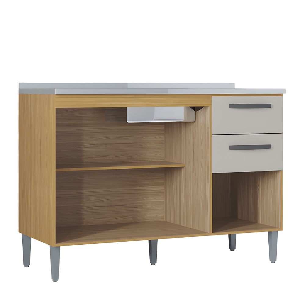 Balcão de Cozinha com Pia Inox 120cm 3 Portas 2 Gavetas Livy Z46 Damasco/Off White - Mpozenato