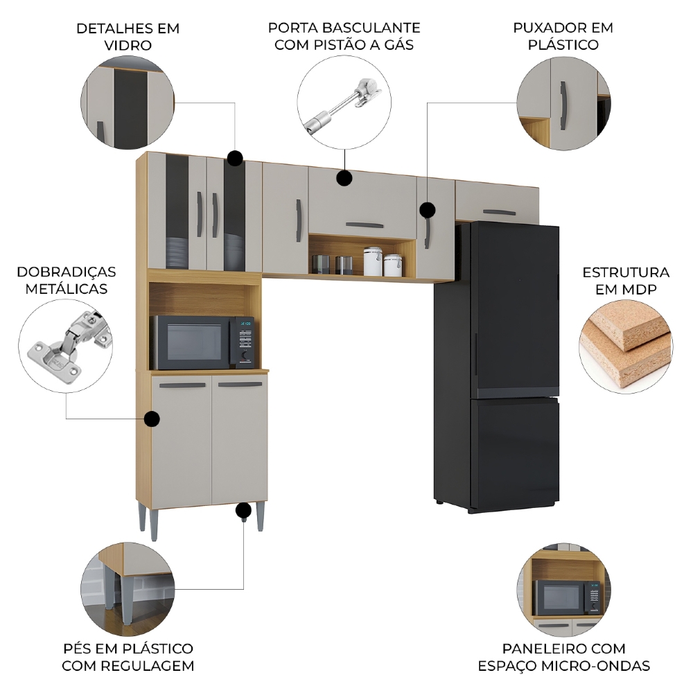 Armário de Cozinha Compacta 244cm 8 Portas Livy Z46 Damasco/Off White - Mpozenato