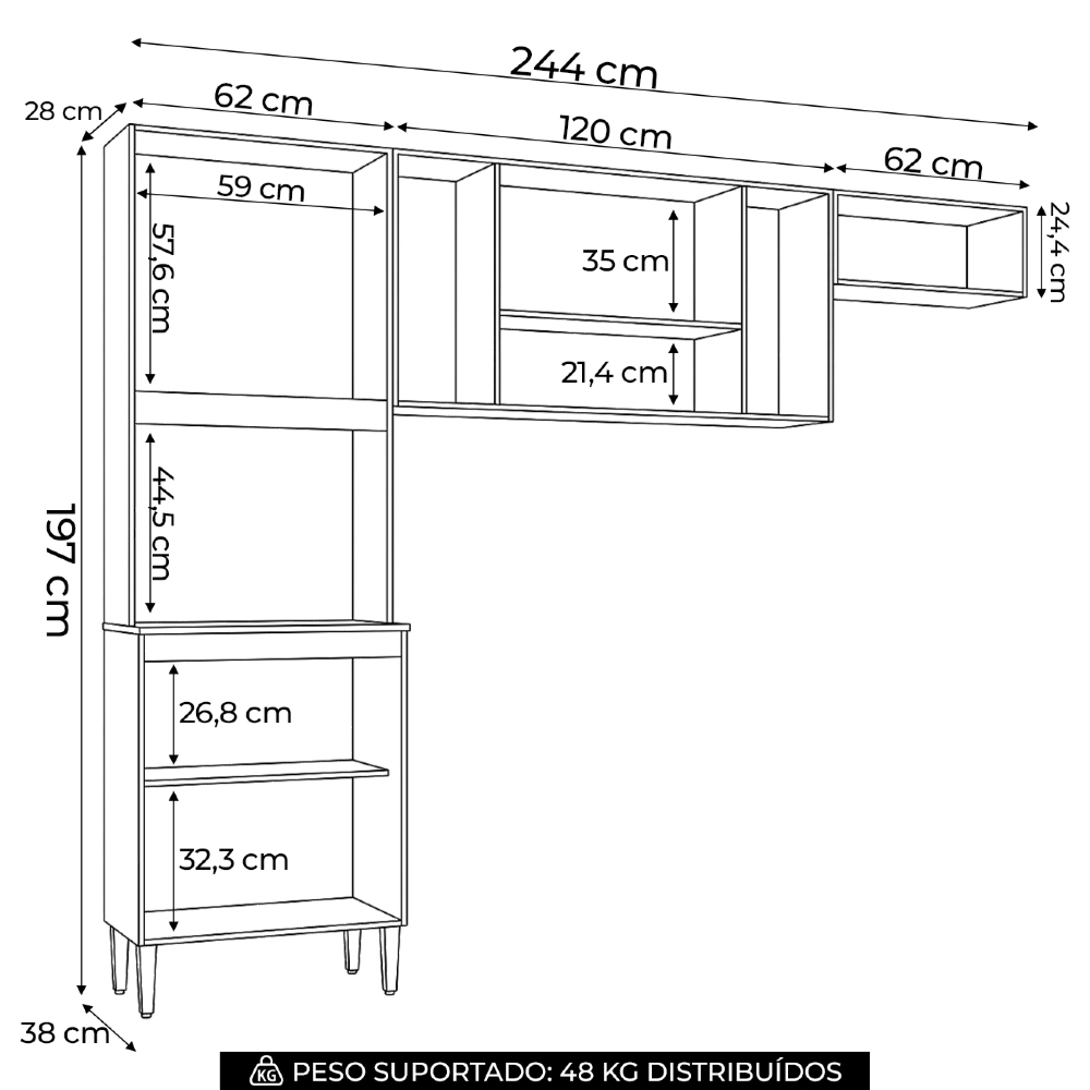 Armário de Cozinha Compacta 244cm 8 Portas Livy Z46 Damasco/Off White - Mpozenato
