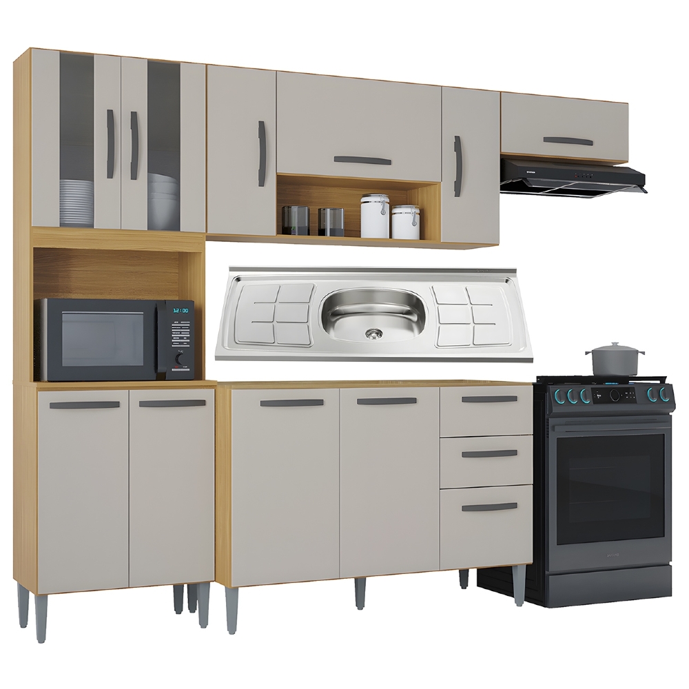 Cozinha Compacta Completa 244cm com Balcão e Pia Inox Livy Z46 Damasco/POff White - Mpozenato