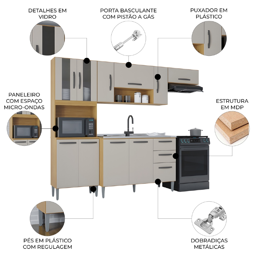 Cozinha Compacta Completa 244cm com Balcão e Pia Inox Livy Z46 Damasco/POff White - Mpozenato