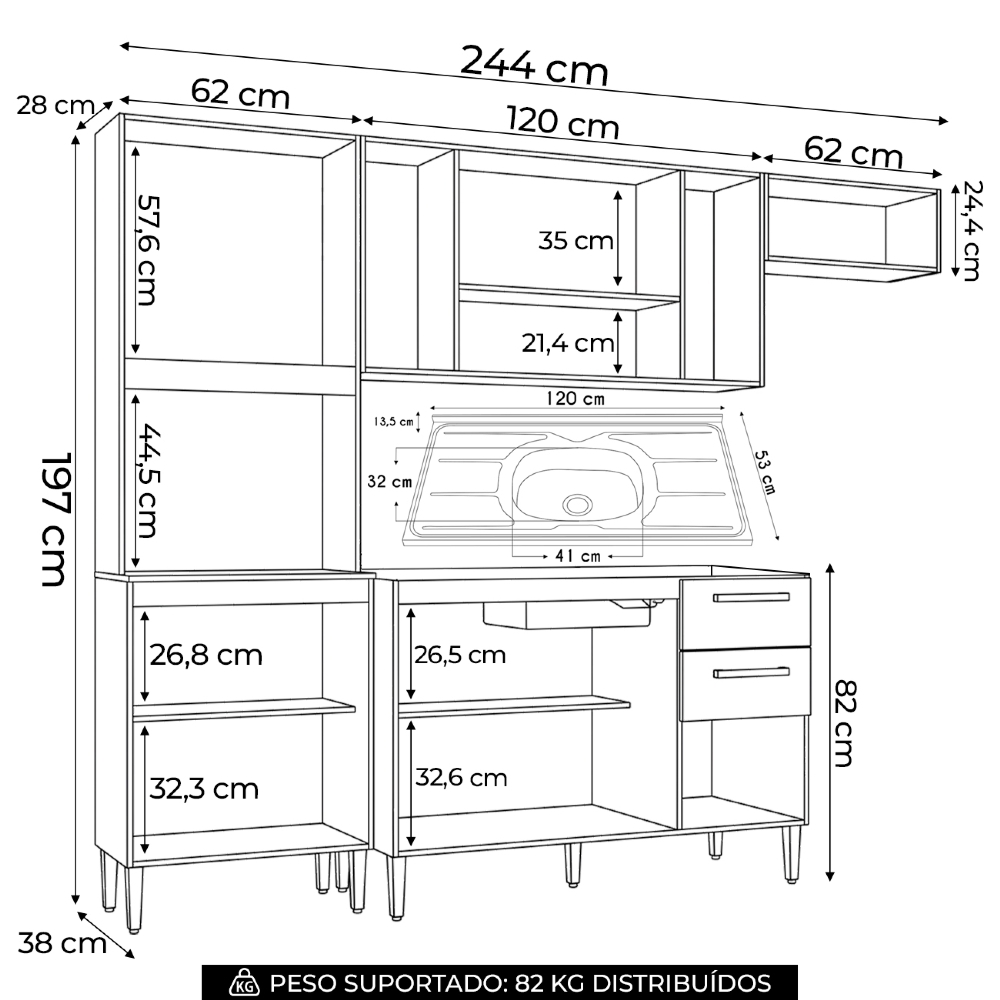 Cozinha Compacta Completa 244cm com Balcão e Pia Inox Livy Z46 Damasco/POff White - Mpozenato