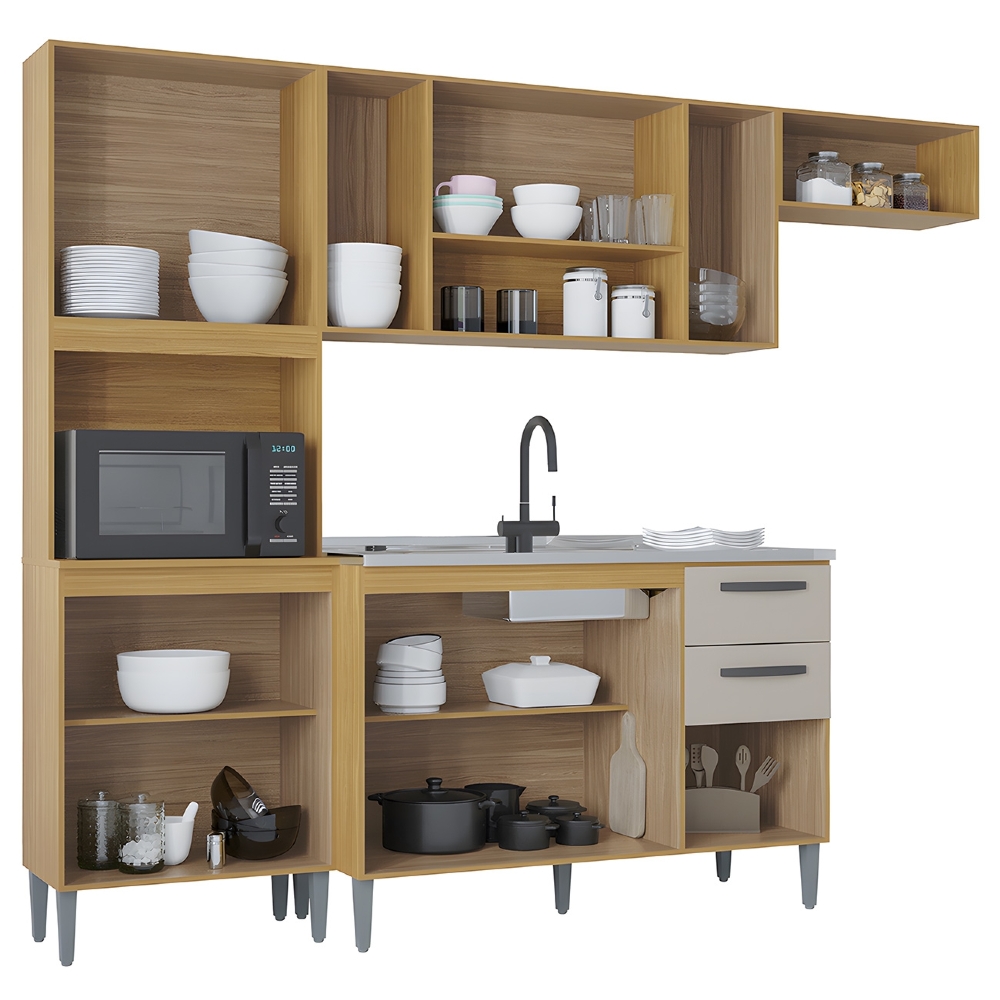 Cozinha Compacta Completa 244cm com Balcão e Pia Inox Livy Z46 Damasco/POff White - Mpozenato