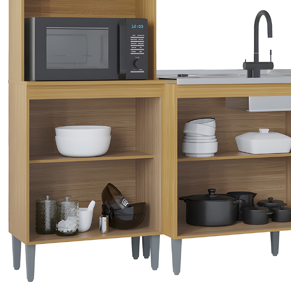 Cozinha Compacta Completa 244cm com Balcão e Pia Inox Livy Z46 Damasco/POff White - Mpozenato
