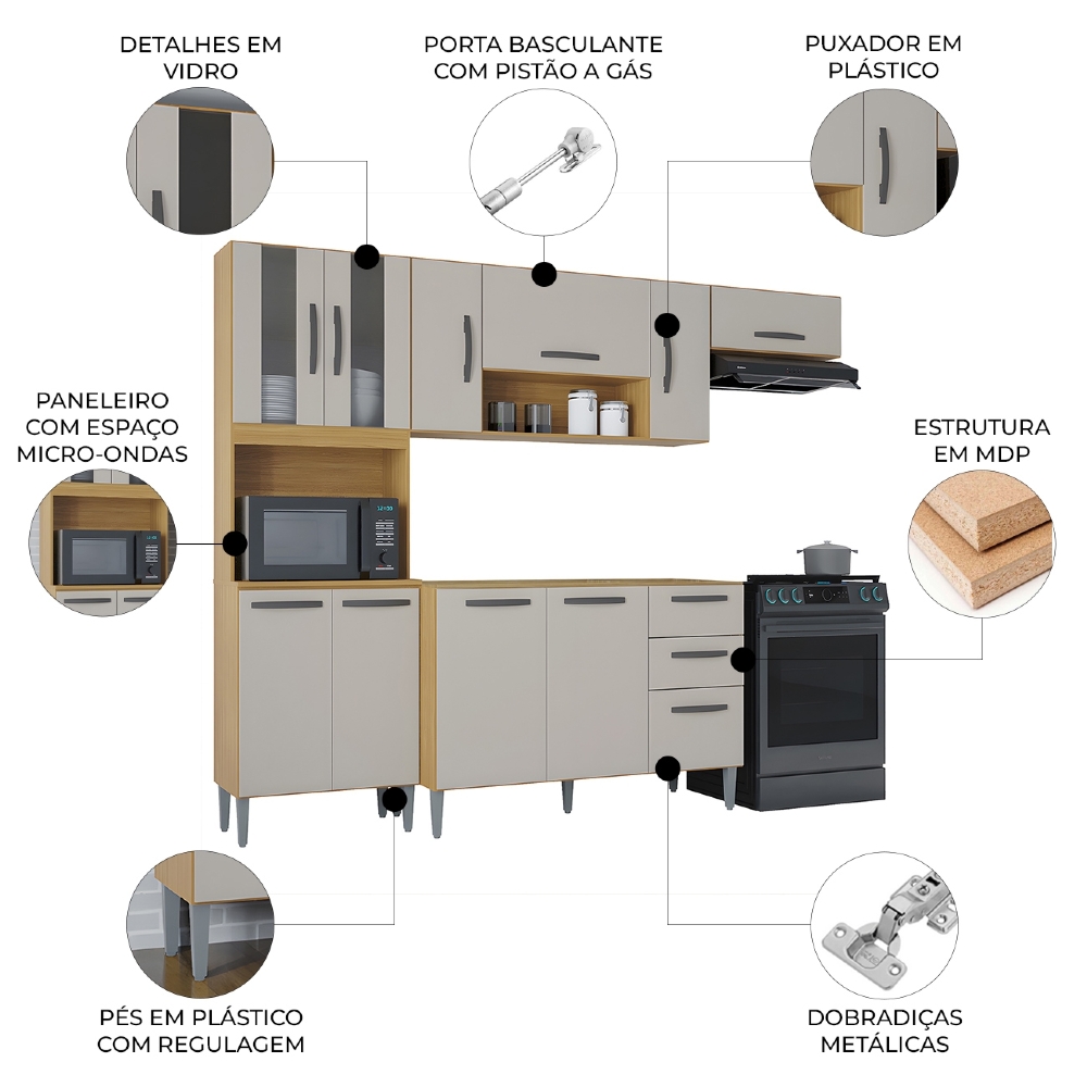 Armário de Cozinha Compacta e Balcão para Pia sem Tampo 244cm Livy Z46 Damasco/Off White - Mpozenato