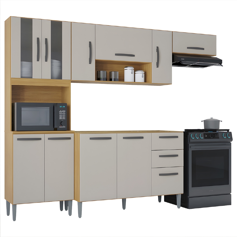 Armário de Cozinha Compacta e Balcão para Pia sem Tampo 244cm Livy Z46 Damasco/Off White - Mpozenato