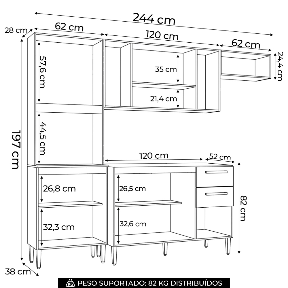 Armário de Cozinha Compacta e Balcão para Pia sem Tampo 244cm Livy Z46 Damasco/Off White - Mpozenato