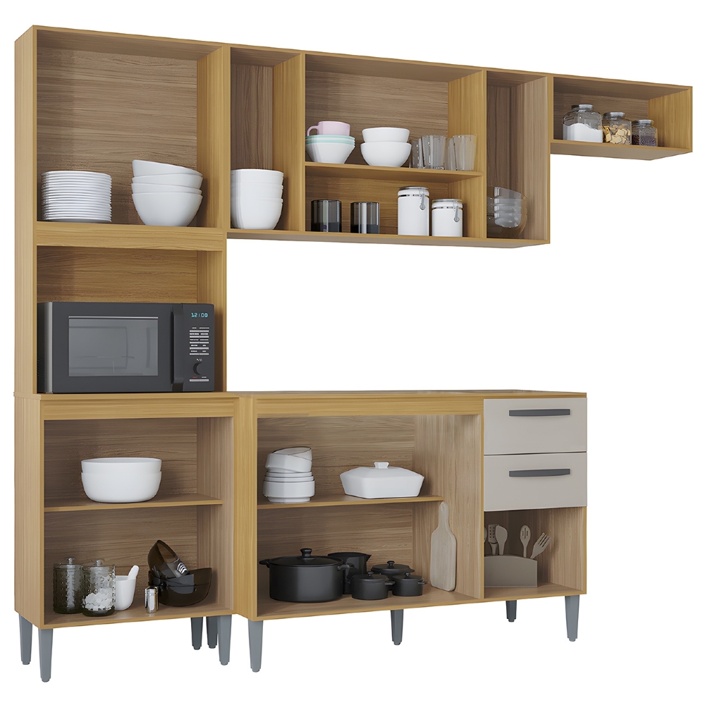 Armário de Cozinha Compacta e Balcão para Pia sem Tampo 244cm Livy Z46 Damasco/Off White - Mpozenato