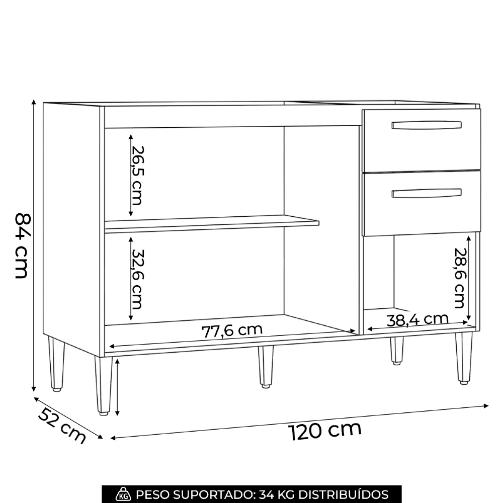 Balcão de Cozinha para Pia 120cm 3 Portas 2 Gavetas Livy Z46 Damasco/Off White - Mpozenato