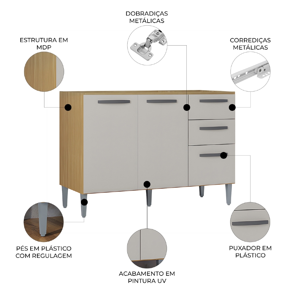 Balcão de Cozinha para Pia 120cm 3 Portas 2 Gavetas Livy Z46 Damasco/Off White - Mpozenato