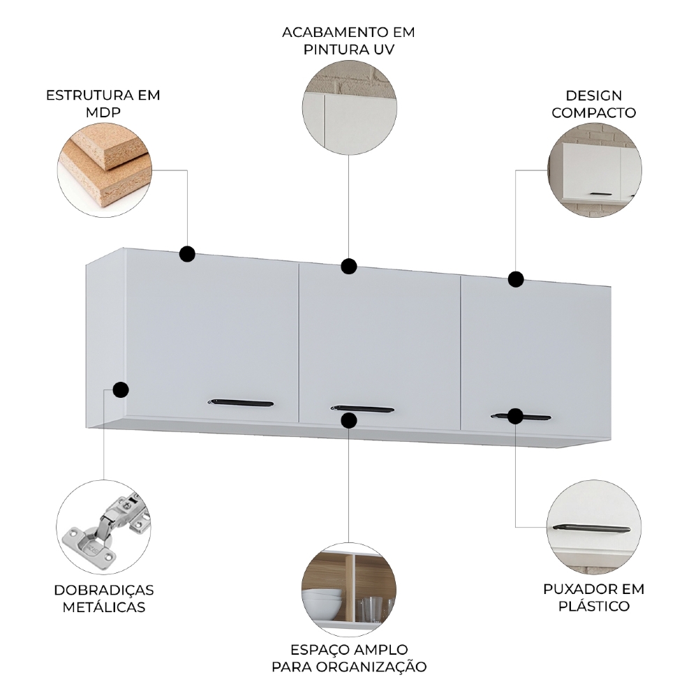 Armário Aéreo de Cozinha 120cm 3 Portas Classic Branco - Poquema