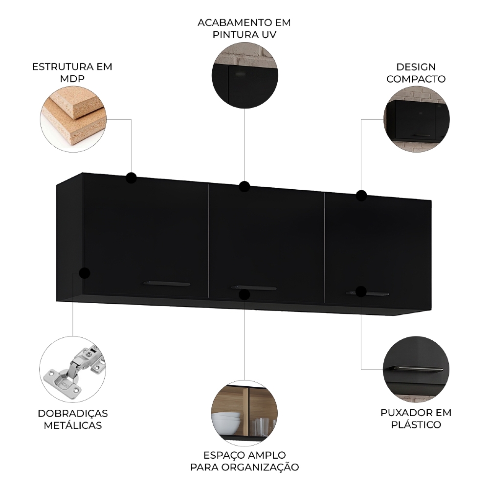 Armário Aéreo de Cozinha 120cm 3 Portas Classic Preto - Poquema