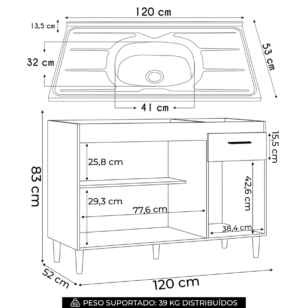 Balcão de Cozinha Com Pia Inox 120cm Classic Z46 Branco - Mpozenato