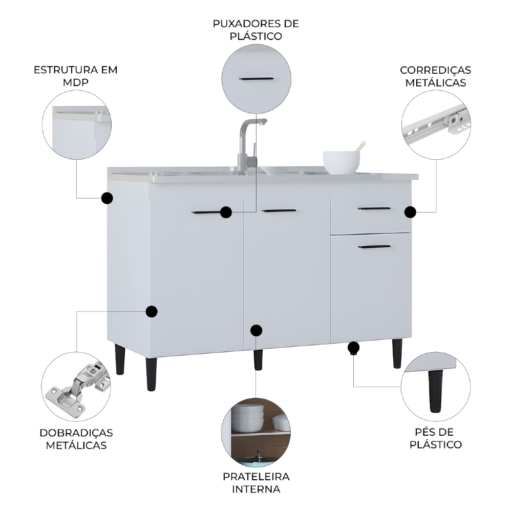 Balcão de Cozinha Com Pia Inox 120cm Classic Z46 Branco - Mpozenato