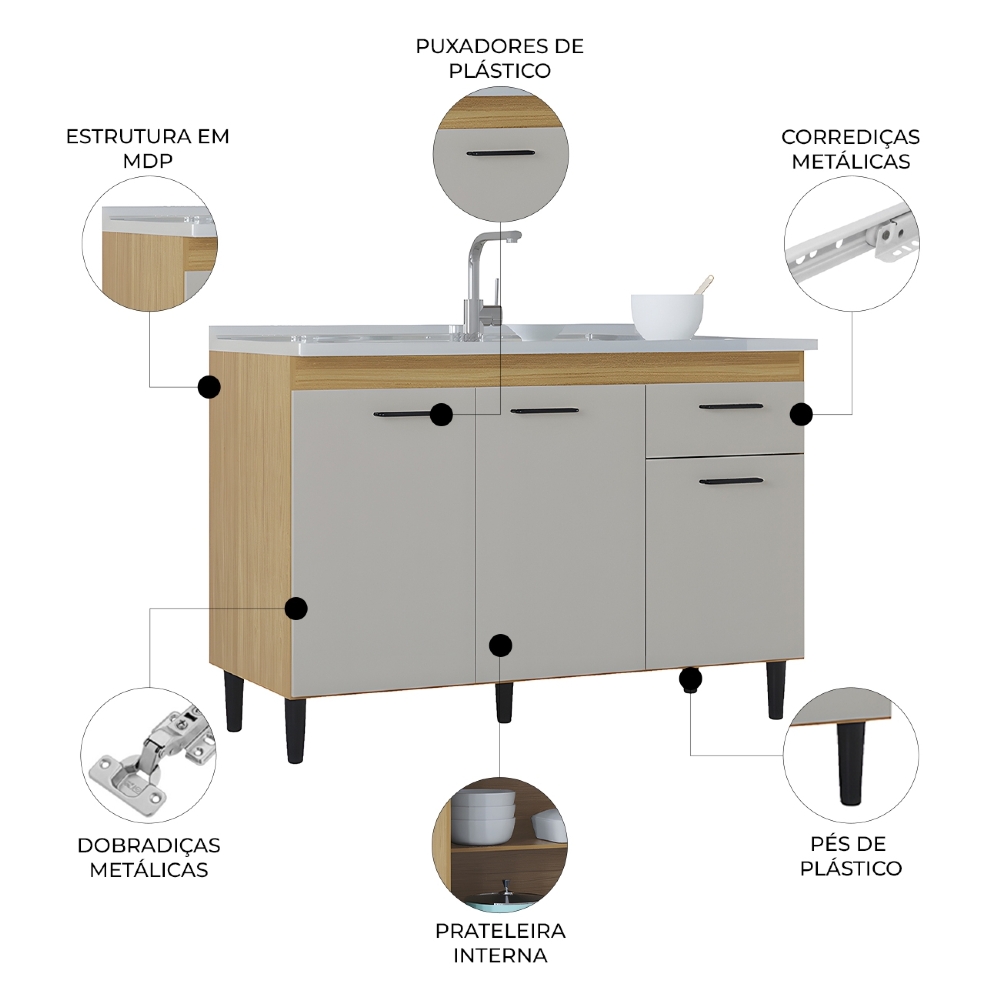 Balcão de Cozinha Com Pia 120cm Classic Damasco/Off Z46 - Mpozenato