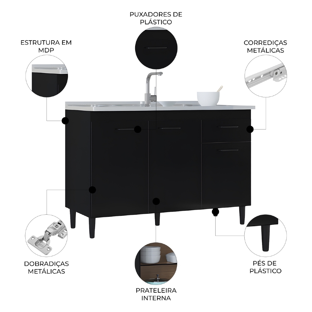 Balcão de Cozinha com Pia Inox 120cm 3 Portas Classic Z46 Preto - Mpozenato