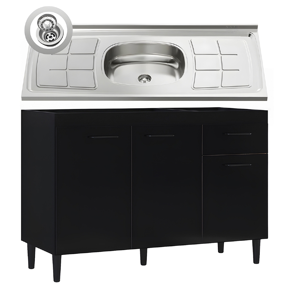 Balcão de Cozinha com Pia Inox 120cm 3 Portas Classic Z46 Preto - Mpozenato
