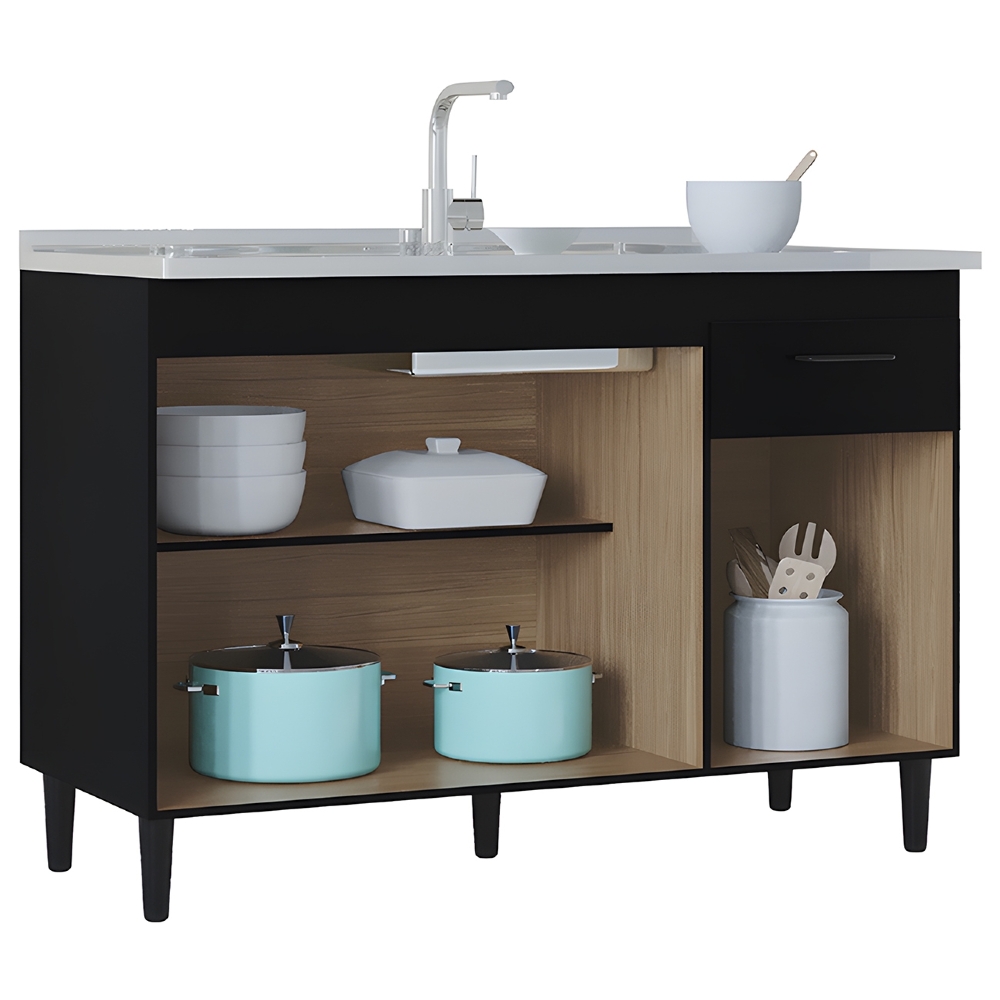 Balcão de Cozinha com Pia Inox 120cm 3 Portas Classic Z46 Preto - Mpozenato
