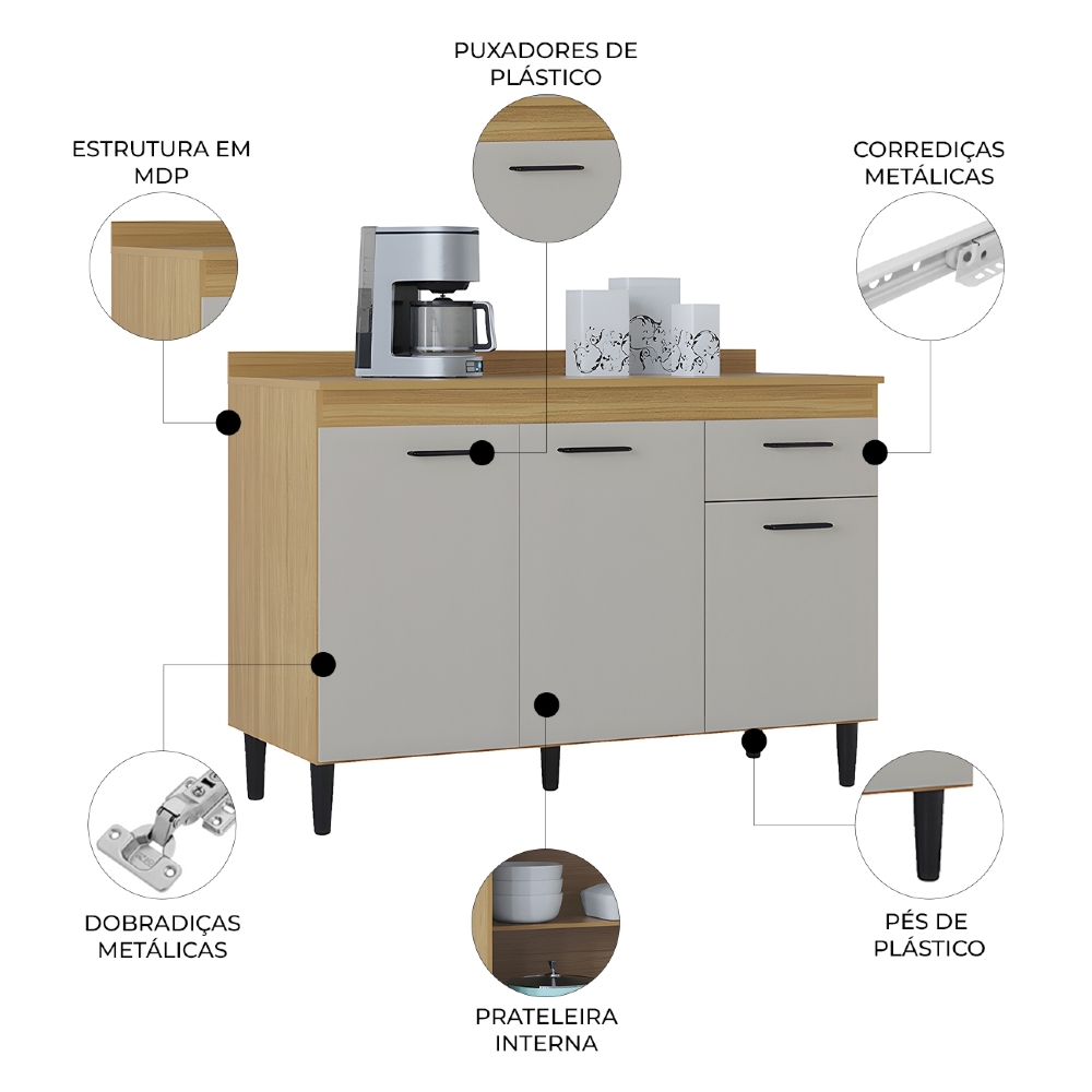 Balcão de Cozinha Com Tampo 120cm Classic Damasco/Off Z46 - Mpozenato