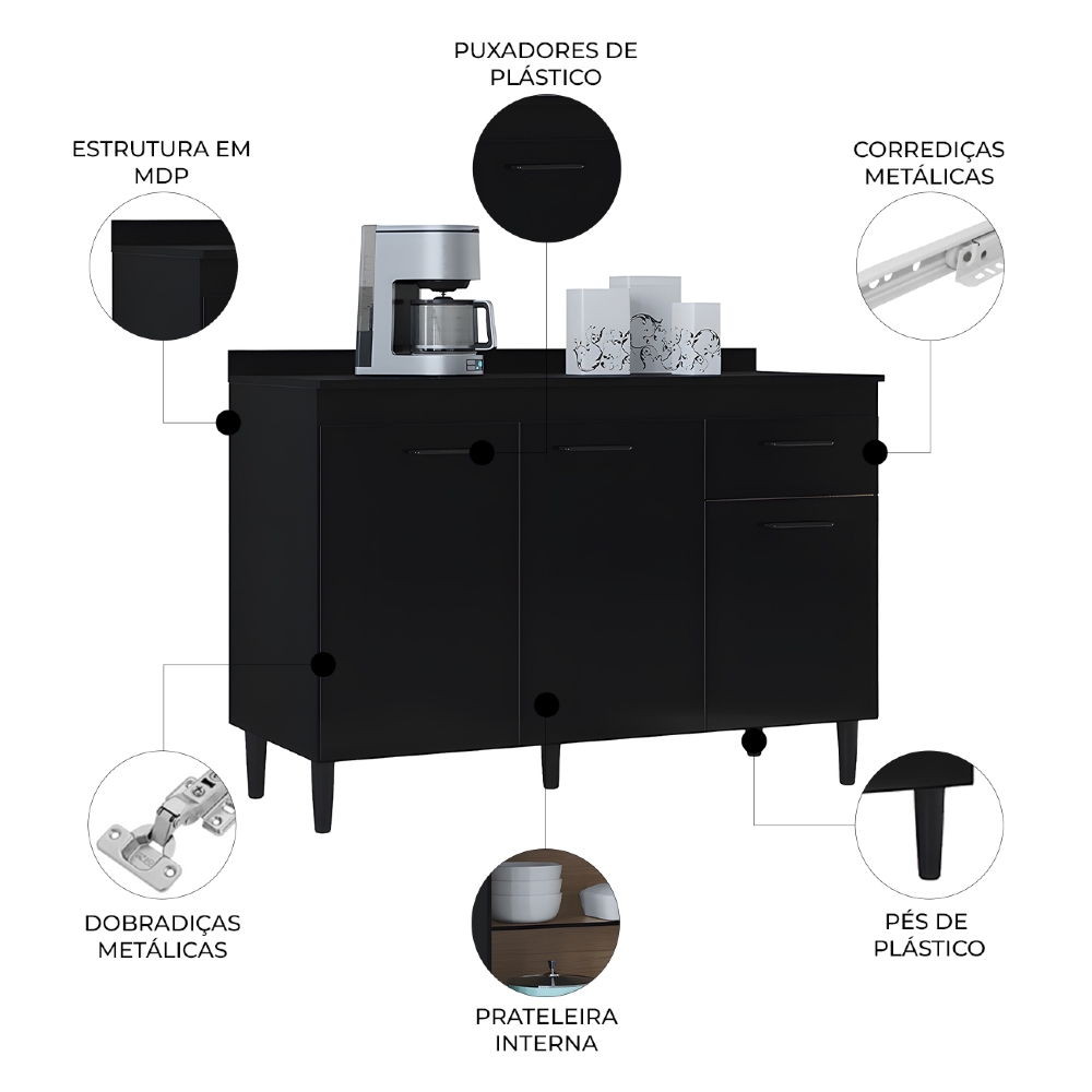 Balcão Cozinha Pia 120cm com Tampo Classic Z46 Preto/Marmore - Mpozenato