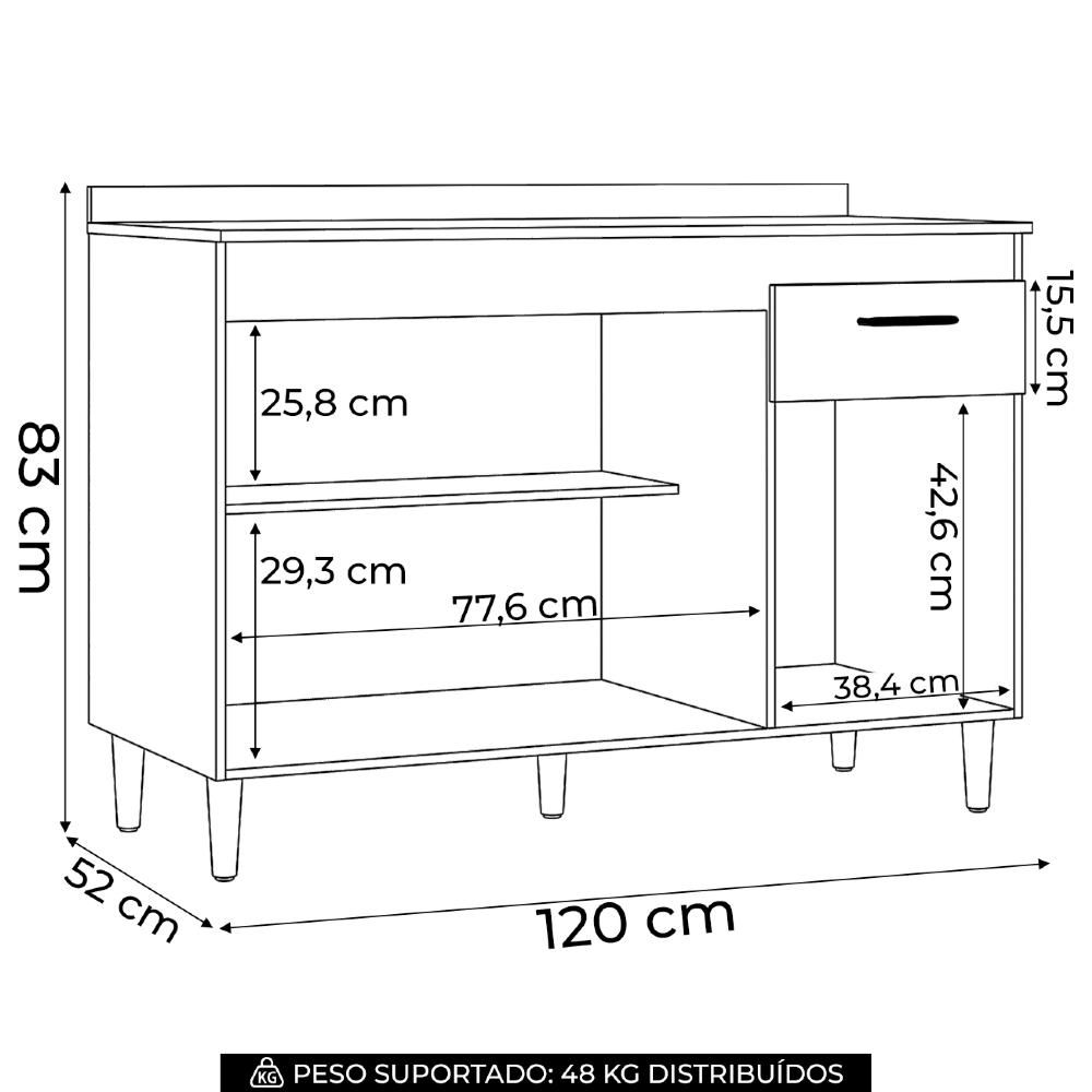 Balcão Cozinha Pia 120cm com Tampo Classic Z46 Preto/Marmore - Mpozenato