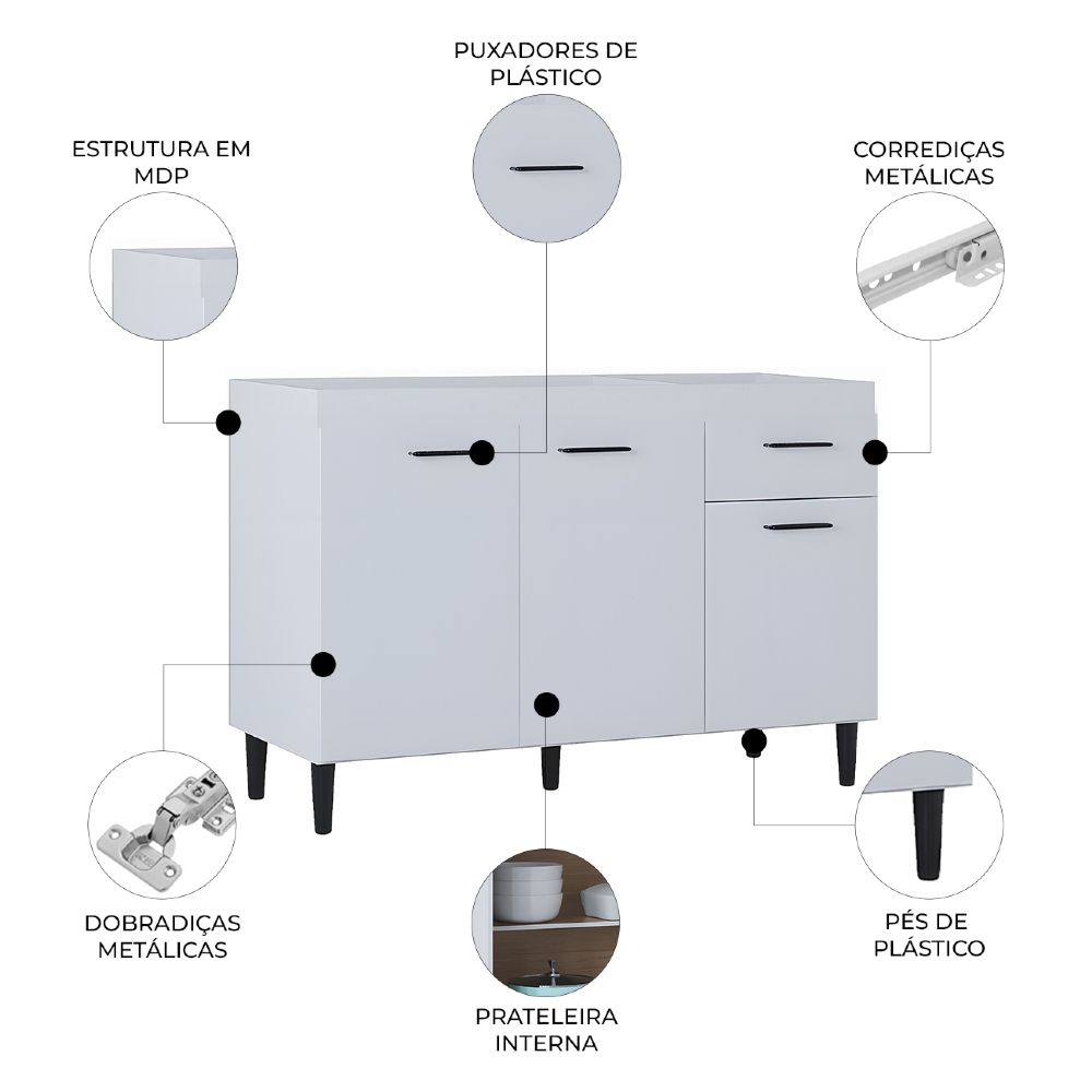 Balcão Gabinete Para Pia 120cm 3 Portas Sem Tampo Branco - Poquema
