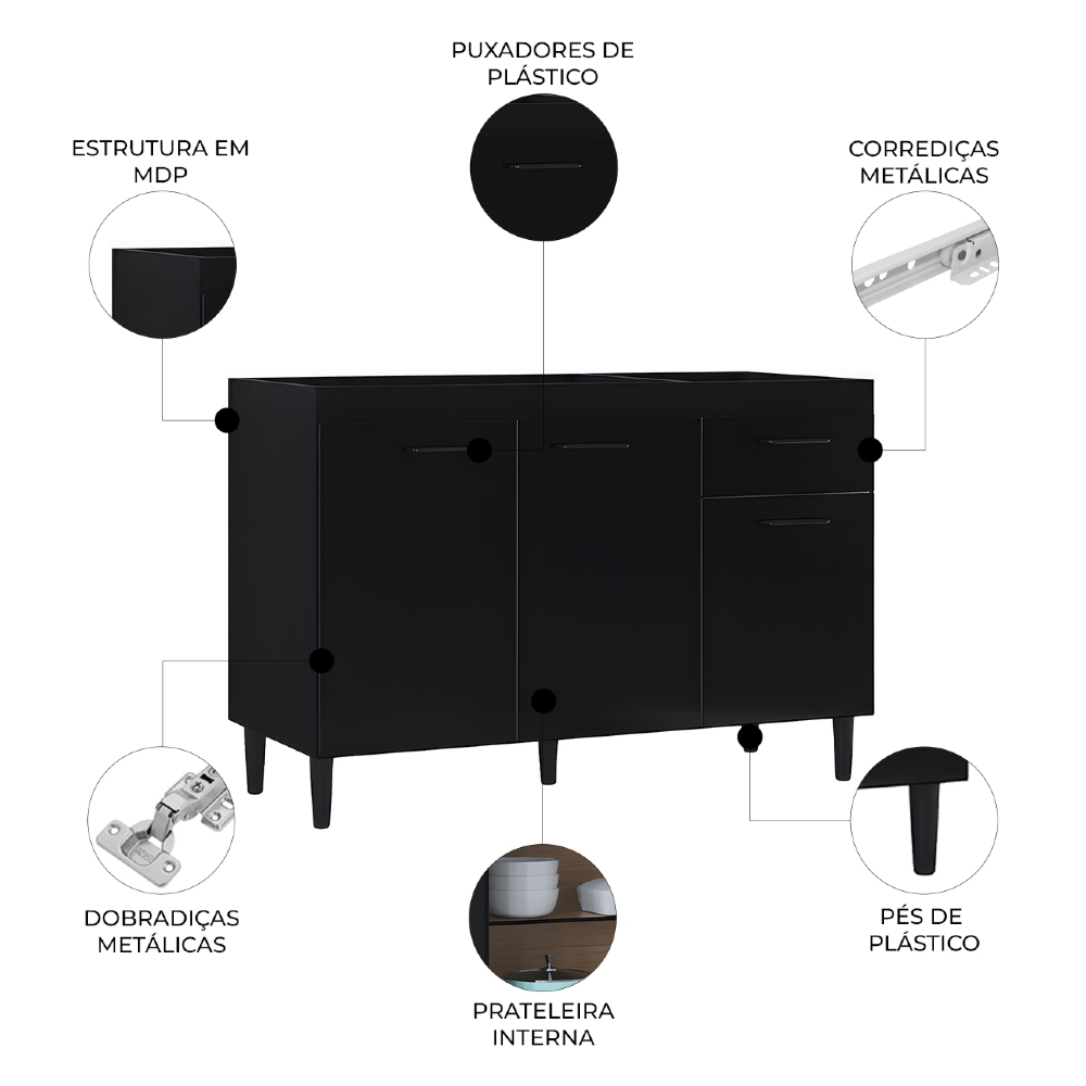 Balcão Gabinete de Pia para Cozinha 120cm 3 Portas Classic Z46 Preto - Mpozenato