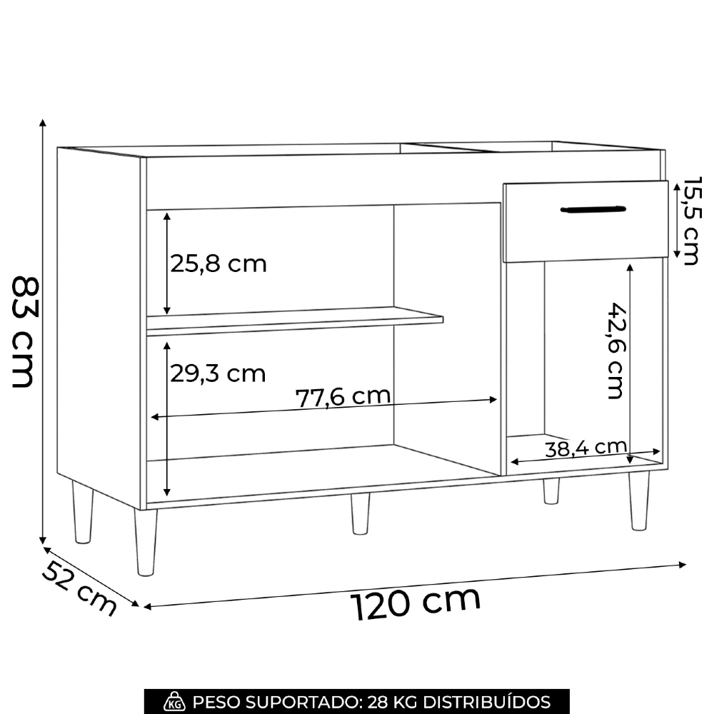 Balcão Gabinete de Pia para Cozinha 120cm 3 Portas Classic Z46 Preto - Mpozenato