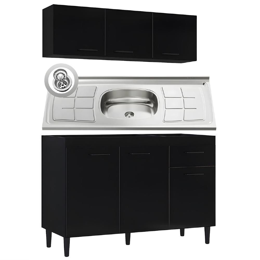 Armário Aéreo e Balcão de Cozinha com Pia Inox 120cm Classic Z46 Preto - Mpozenato