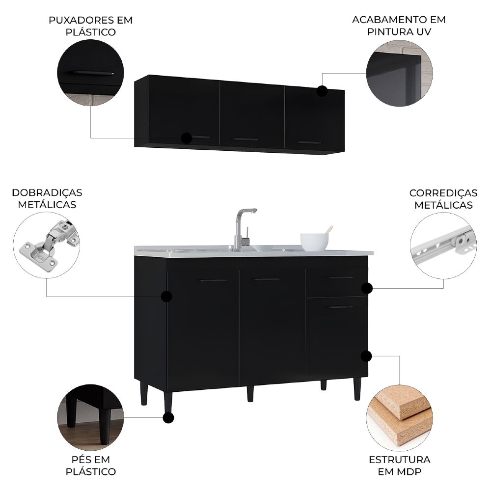 Armário Aéreo e Balcão de Cozinha com Pia Inox 120cm Classic Z46 Preto - Mpozenato