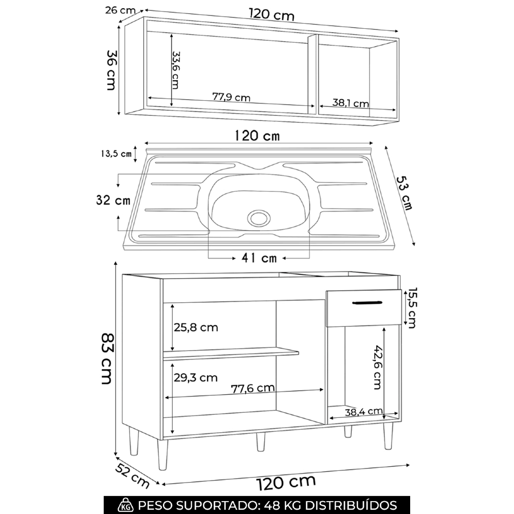 Armário Aéreo e Balcão de Cozinha com Pia Inox 120cm Classic Z46 Preto - Mpozenato