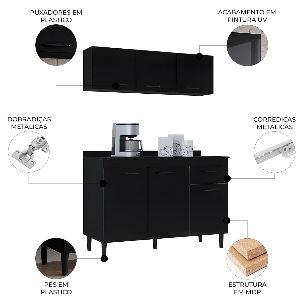 Armário Aéreo e Balcão de Cozinha 120cm com Tampo Classic Z46 Preto - Mpozenato