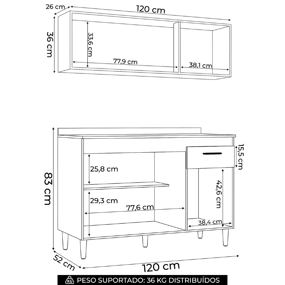 Armário e Balcão com Tampo 120cm Classic Damasco/Off White Z46 - Mpozenato