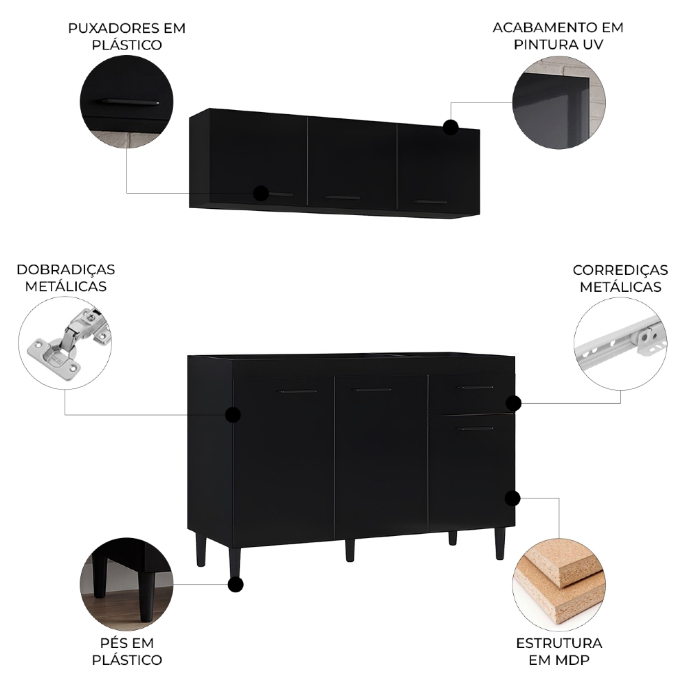 Armário Aéreo com Balcão Gabinete de Pia 120cm sem Tampo Classic Z46 Preto - Mpozenato