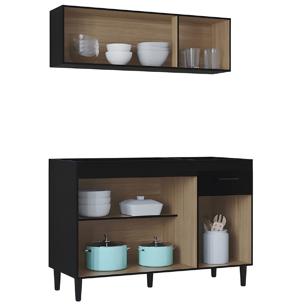 Armário Aéreo com Balcão Gabinete de Pia 120cm sem Tampo Classic Z46 Preto - Mpozenato