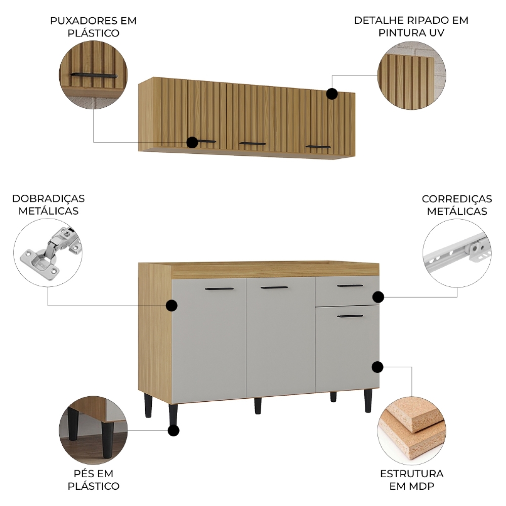 Armário de Cozinha e Balcão 120cm Classic Ripado Damasco/Off Z46 - Mpozenato