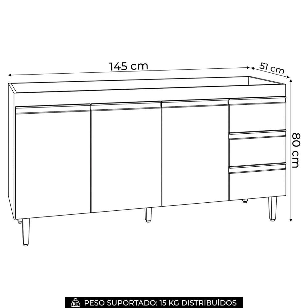 Balcão Gabinete Para Pia 150cm sem Tampo 3 Portas 3 Gavetas Andréia Preto Total - AJL Móveis